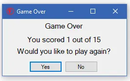 Windows-style dialog box titled "Game Over" displaying "You scored 1 out of 15. Would you like to play again?" with "Yes" and "No" buttons.