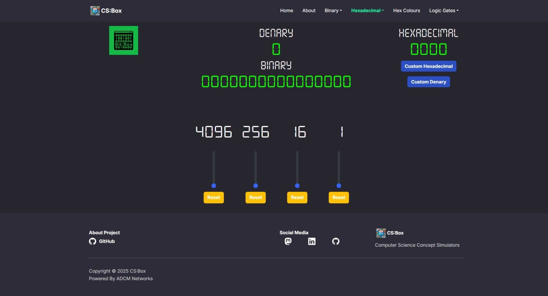 Screenshot of CS:Box hexadecimal conversion interface tailored for A Level content.