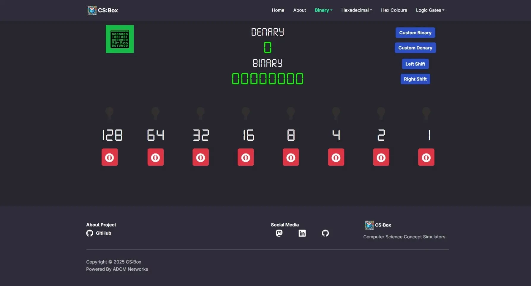 Screenshot of CS:Box tool demonstrating unsigned binary number conversion.