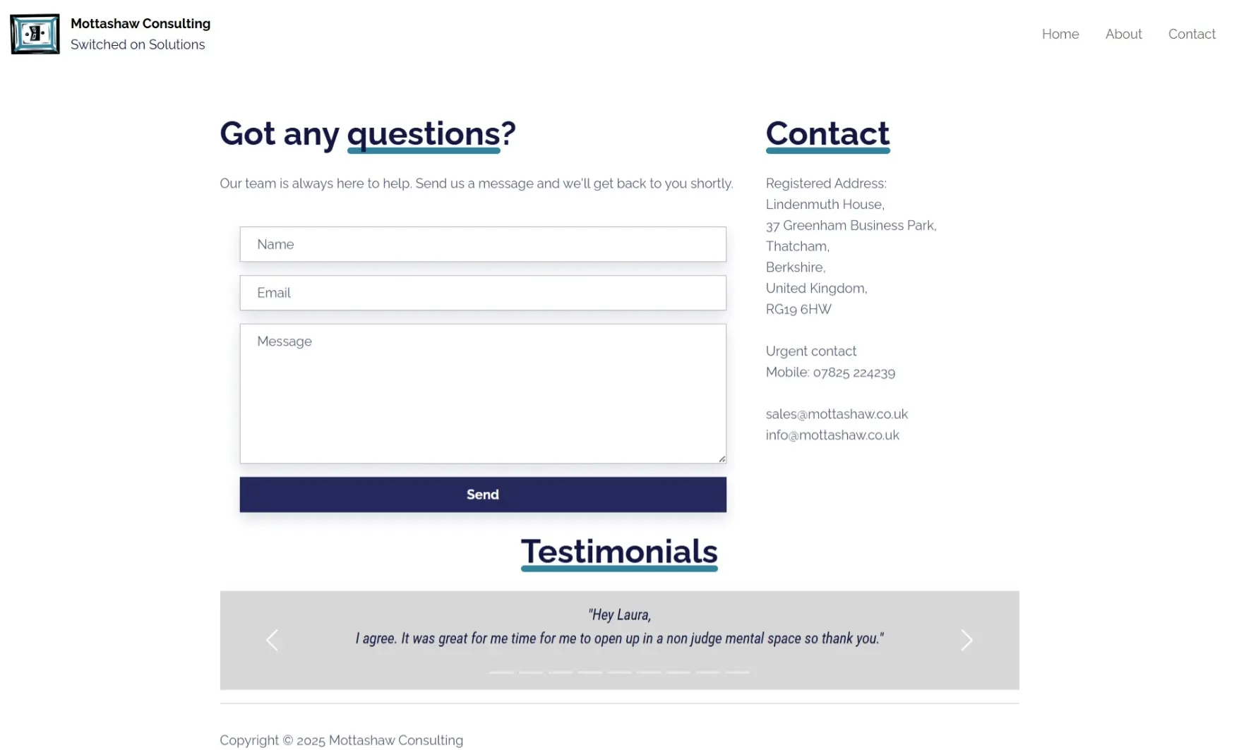 Contact page of Mottashaw Consulting with a contact form on the left and contact details including address, phone number, and email on the right.